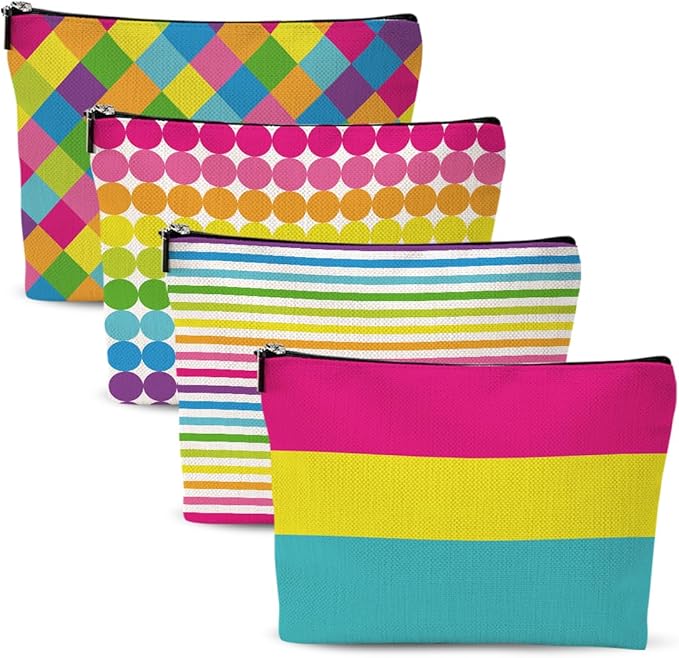 4pcs Colorful Rainbow Makeup Bag, Bright Neon Colors Cosmetic Bag, Christmas Wedding Anniversary Birthday Friendship Gifts for Women Girls Best Friends Bridesmaid Bestie Mom Travel Toiletry Bag
