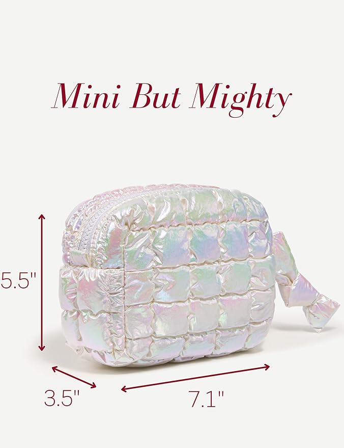 Yarnic Quilted Makeup Bag Cosmetic Bag, Travel Toiletry Bag for Women, Cute Makeup Bag Organizer Puffer Makeup Pouch (Iridescent White, S)