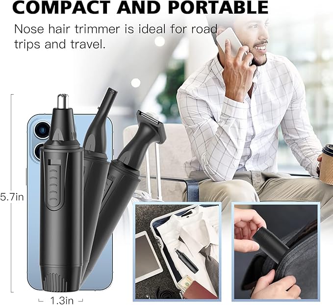 Nose Hair Trimmers for Men，Rechargeable Hair Trimmer 3 in 1 Painless Multifunctional Ear and Nose Hair Trimmer with IPX7 Waterproof Dual Edge Blades (Ink Black)