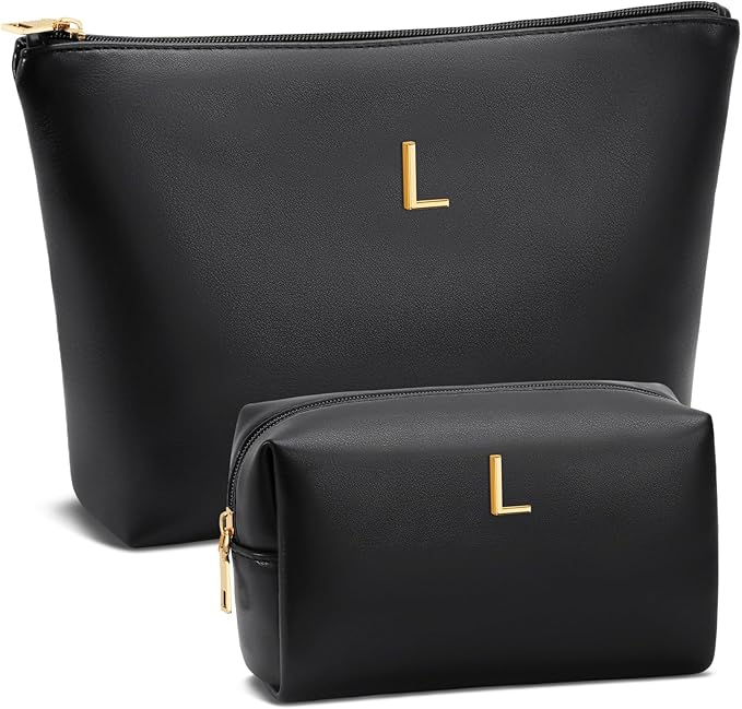 Women Gifts | Initial Makeup Bag Set for Girl Personalized Gifts for Bridesmaid Friend Graduation Teachers PU Leather Cosmetic Travel Toiletry Bag(Black,L)
