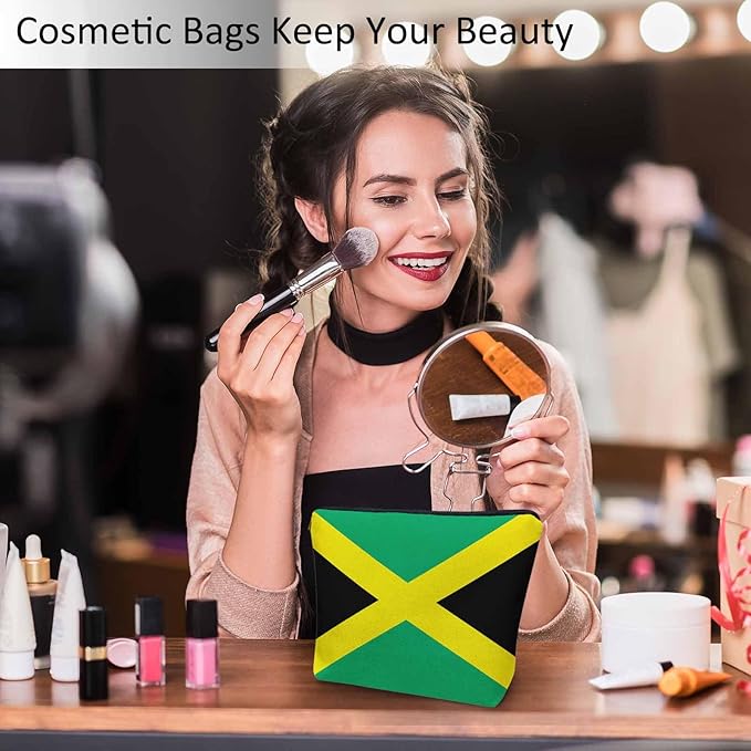 Women Cosmetic Bag Jamaica Flag, National Jamaica Flag Cute Makeup Bag For Purse Cosmetic Travel Bag For Toiletries Makeup Storage Bag Flax Skincare Bag Makeup Pouch Bags Green
