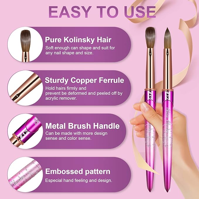 Acrylic Nail Brush Size 12, 100% Real Kolinsky Art Nail Brush for Acrylic Powder Application, Handmade Women Manicure Nail Extension Tool for Professional DIY Home Salon and Beginners