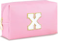 Initial Makeup Bag Personalized Preppy Travel Small Cosmetic Bag Cute PU Pink Chenille Letter Makeup Pouch for Purse Waterproof Zippered Toiletry Organizer for Women Girls Kids Friends (X)