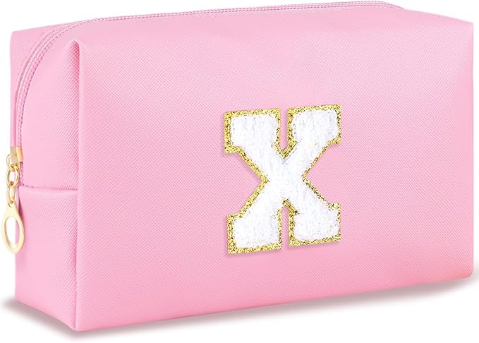 Initial Makeup Bag Personalized Preppy Travel Small Cosmetic Bag Cute PU Pink Chenille Letter Makeup Pouch for Purse Waterproof Zippered Toiletry Organizer for Women Girls Kids Friends (X)