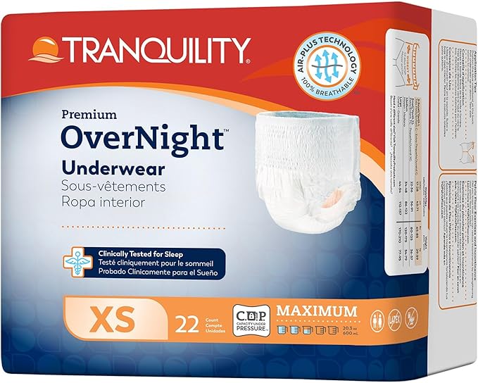 Tranquility Premium OverNight Disposable Absorbent Underwear (22 Count) - XS, 17-28 in. Waist - Maximum Absorbency, All-Night Sleep, Breathable Comfort, 22 Adult Diapers
