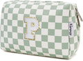 Narwey Personalized Initial Makeup Bag Toiletry Bag Gifts for Women Girls Large Checkered Makeup Bag Zipper Pouch Travel Cosmetic Bag Organizer for Women (Mint Green Checkerboard Letter P)