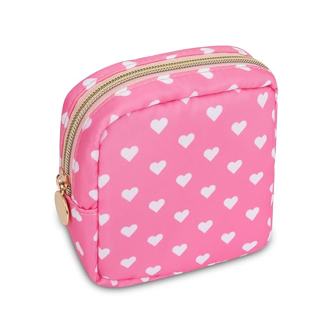 Mini Makeup Pouch for Purse， Small Cosmetic Bag Pouch Nylon Travel Toiletry Organizers for Women Girls, Cute Storage Zipper Pouch Coin Purse for School Work Camping(Mini-Pink Heart)
