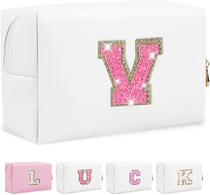 Personalized Initial Letter Patch Makeup Bag, Preppy Glitter Letter Makeup Organizer, Cute Monogrammed Pouch Cosmetic Bag PU Leather Waterproof Travel Toiletry Bag, Gift for Women Teen Girls