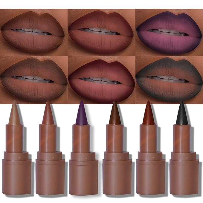 Erinde 6PCS 2-in-1 Lip Liner and Lipstick Lip Combo Set, Matte Nude Dark Brown Red Lip Liner Creamy Lip Pencil Crayon, High Pigmented Long lasting Lipstick Makeup