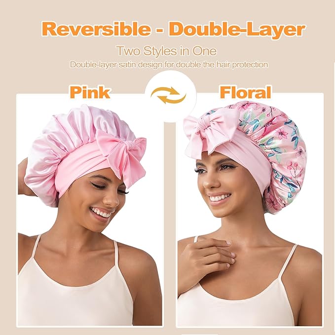 GDTOGRT Satin Silk Bonnet for Sleeping Women - Double Layer Sleep Hair Bonnets Caps for Curly Braid Hair with Tie Band
