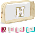 Small Clear Personalized Initial Makeup Bag,Nylon Preppy A-Z Chenille Letter Patch Cosmetic Pouch Beach Toiletry Bag,Waterproof Zipper Travel Purse Storage Bag Organizer for Women Girls(Beige-White H)