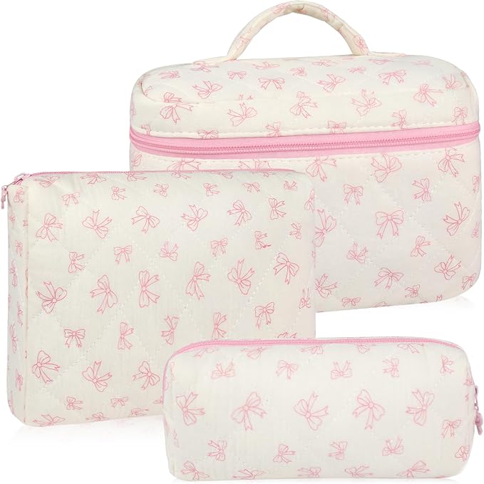 3Pcs Makeup Bag Quilted Cotton Cosmetic Bags for Women Large Small Pink Bow Makeup Pouch Set Cute Coquette Floral Travel Bags Portable Skincare Toiletry Bag Vintage Puffy Essential Organizer