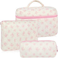 3Pcs Makeup Bag Quilted Cotton Cosmetic Bags for Women Large Small Pink Bow Makeup Pouch Set Cute Coquette Floral Travel Bags Portable Skincare Toiletry Bag Vintage Puffy Essential Organizer