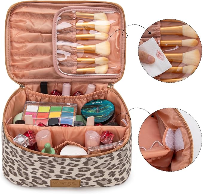 Montana West X Wrangler Travel Makeup Bag 2pcs Set Large Cosmetic Bag with Makeup Brush Holder Portable Make Up Organizer Cute Toiletry Bag with Divider and Handle for Women Leopard