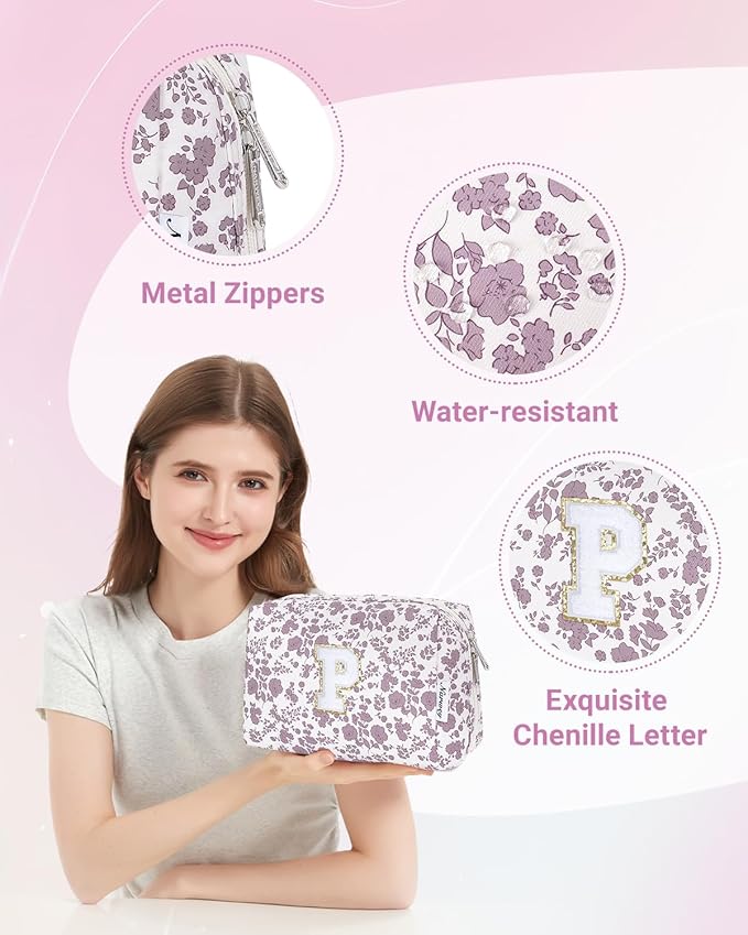 Narwey Birthday Gifts for Teen Girls Kids Women Personalized Initial Floral Makeup Bag Cute Cosmetic Trendy Stuff 6 8 10 11 12 13 14 16 18 Years Old Travel Toiletry Bag (Little Dusty Pink Flower P)
