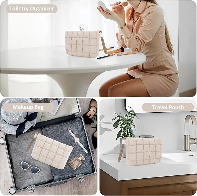 DOB SECHS Puffer Quilted Makeup Bag with Handle, Cute Puffy Cotton Cosmetic Bags for Women, Small Checkered Toiletry Zipper Pouch, Travel Essentials Storage Organizer Clutch Pouches Pencil Case, Khaki
