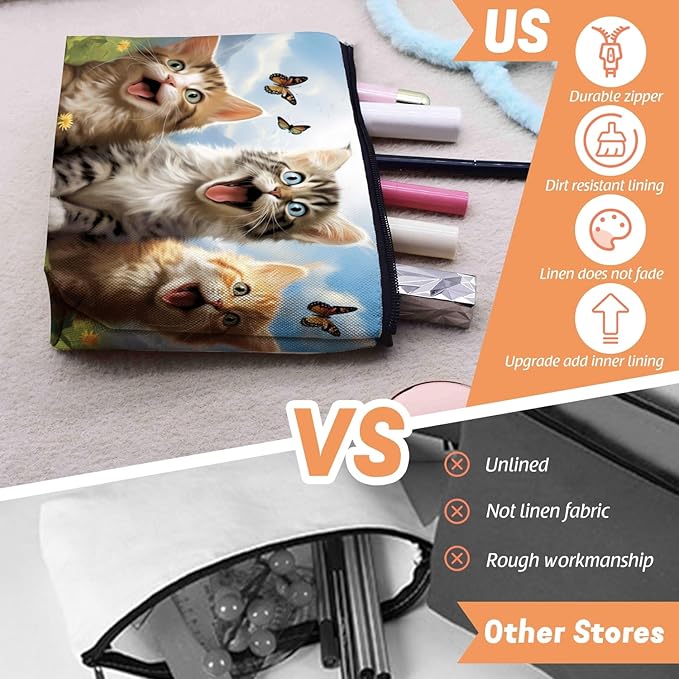 Cosmetic Bags Travel Makeup Toilet Case Waterproof Pouch for Women Girls 6.7X9.45inches - Kittens With Butterflies in A Mountain - Sky Background