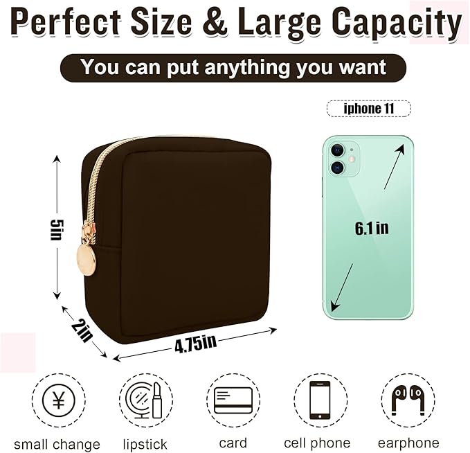Nylon Mini Makeup Bag for Purse, Preppy Small Cute Makeup Bag Cosmetic Zipper Pouch Purse, Waterproof Travel Coin Pouch Sanitary Napkin Storage Bag Clutch Makeup Organizer Pouch for Women(Brown)