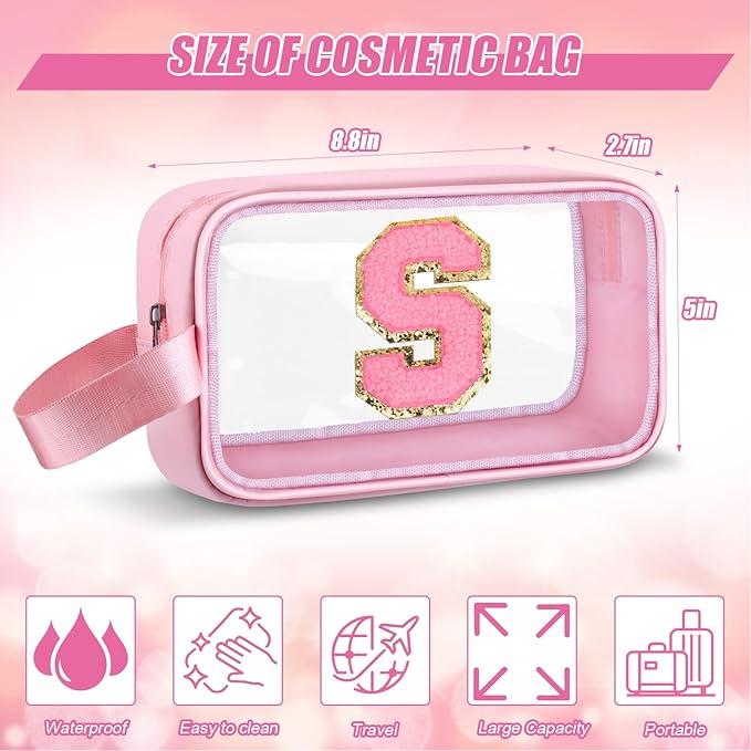 Initial Makeup Bag,Letter S Cute Clear Monogrammed Cosmetic Travel Bag for Womens Girls,Personalized Pink Aesthetic Traveling Make Up Organizer Bag for Beach,Waterproof Toiletry Bag