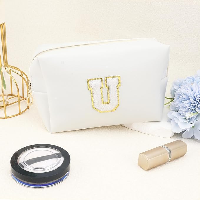 Gifts for Girls Initial Makeup Bag Personalized Cosmetic Bag with Zipper Cute Travel Toiletry Bags Waterproof PU Preppy Makeup Pouch Birthday Gift for Teen Girls Women(White U)