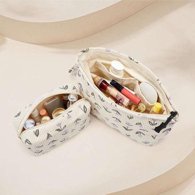 Makeup bag set small Cosmetic bag for women purse Corduroy Organizer with interior Pockets,cute Pencil zipper Pouch travel Toiletry Bag with handle(Tulip Purple)