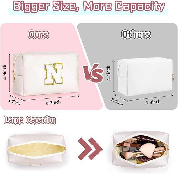 TOPEAST Initial Makeup Bags for Women, Personalized Portable Cosmetic Bag for Travel, Cute Makeup Pouch, PU Leather Waterproof Toiletry Bag, Preppy Things for Girl (White V)