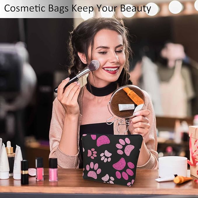 Women Cosmetic Bag Dog Paw, Pet Cat Paws Dog Prints Footprint Cute Makeup Bag For Purse Cosmetic Travel Bag For Toiletries Makeup Storage Bag Flax Skincare Bag Make Up Pouch Bags, Pink Black