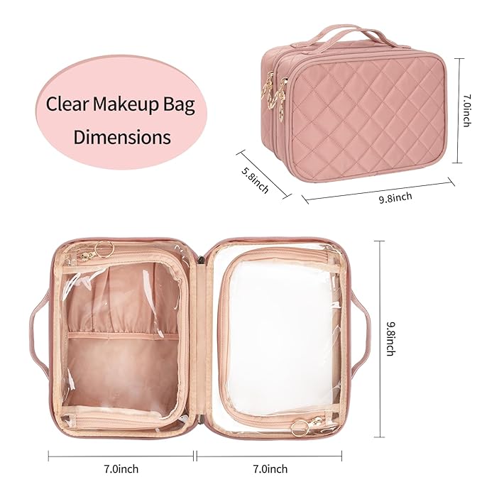 OCHEAL Clear Makeup Bag, Double Layer Cosmetic Bag, Large Capacity Minimalist Cosmetic Case for Women Travel Beauty Essentials, Multiple Compartments Makeup Case Organizer Zipper Pouch -Nude Pink