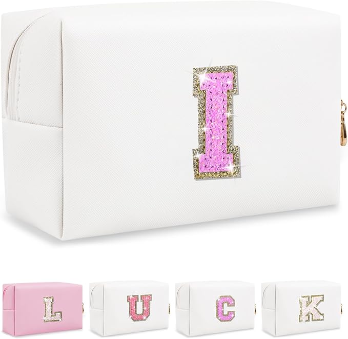 Initial Letter Patch Makeup Bag, Small Preppy A-Z Glitter Letter Cosmetic Bag, PU Leather Waterproof Travel Toiletry Bag, Cute Make Up Pouch Personalized Monogrammed Gift for Women Teen Girls
