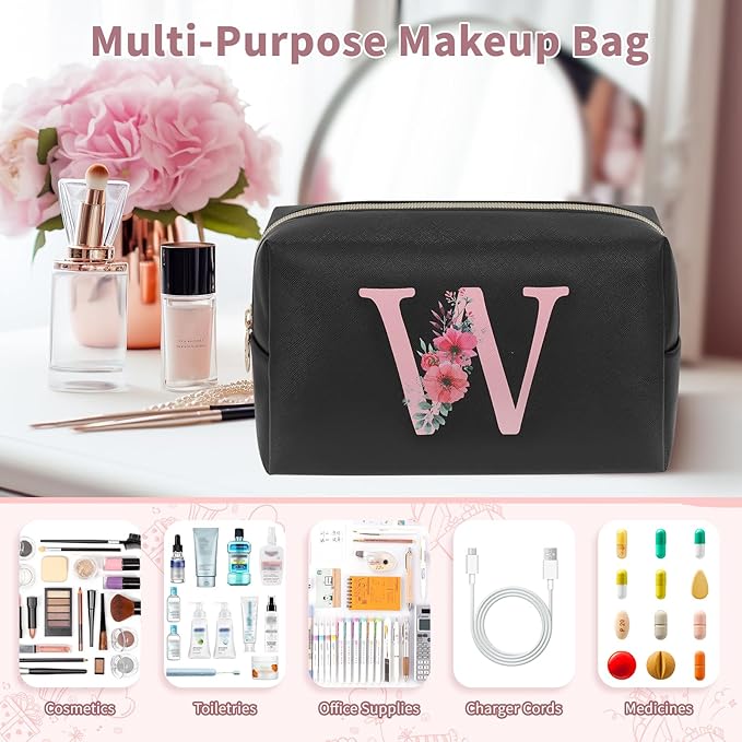 Personalized Initial Makeup Bag, Birthday Gifts for Women and Girls, Small Makeup Pouch Travel Toiletry Bag, Make Up Organizer Bag Gift Trendy Stuff for Friend Mom Teacher, Black
