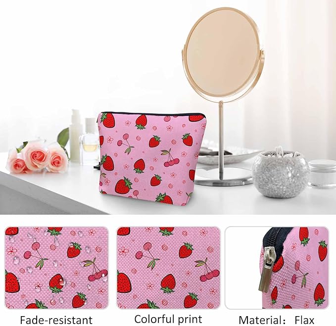 Strawberry Makeup Bags Makeup Organizer, Summer Strawberries Cherries Pink Flax Toiletry Bags Travel Cosmetic Bag Makeup Purse Pouch Skincare Bag Wallet Bags For Women Female Mom Daughter