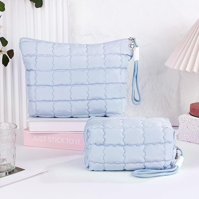 Richeart Makeup Bag Travel Toiletry Bag - Checkered Down Cotton Makeup Pouch for Women with Cosmetic and Pencil, Aesthetic Light blue Design, Large