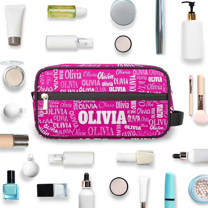 Personalized Travel Cosmetic Bag Waterproof Makeup Bags, Custom Name Rosy Pink Organizer Case Toiletries Container Bag