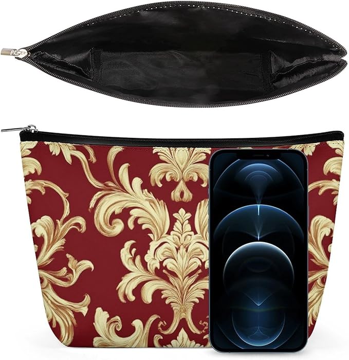 Fashion Zipper Cosmetic Case, Portable Makeup Case, Personality Toiletry Bag, Travel Cosmetic Toiletry Bag Flower Red Gold Floral Classy Burgundy Antique