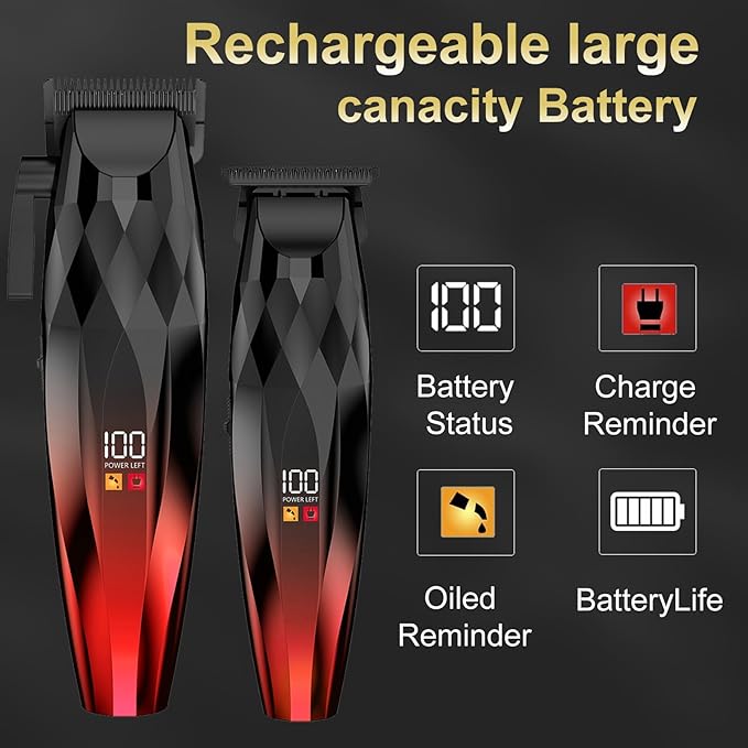 2-in-1 Professional Hair Clippers Set,Cordless Hair Clippers and T-Blade Trimmer Kit for Men,LCD Display,USB Rechargeable,Adjustable Guards,Waterproof,Beard & Body Grooming Kit (Red)