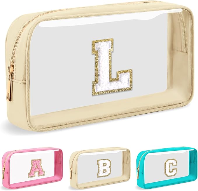 Personalized Initial Letter Clear Makeup Bag,Preppy Small Nylon&PVC Cosmetic Zipper Bag with Chenille Letter,Portable Beach Travel Skincare Toiletry Bag,Trendy Monogram Gift for Teen Girls Women,L