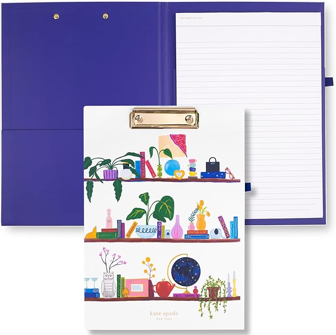 kate spade new york A4 Clipboard Folio with Low Profile Clip, Professional Padfolio Includes Lined Notepad, Pen Loop, and Pocket, Charmed Library