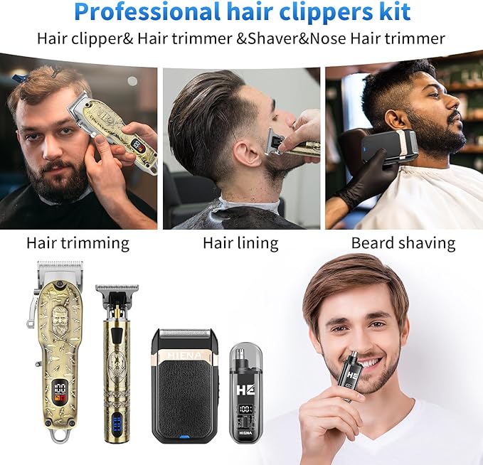 HIENA PRO Hair Clippers for Men Professional, Cordless Barber Clipper and T-Blade Beard/Hair Trimmer Set, Electric Razor Foil Shaver Nose Trimmer Barber Kit, Men's Hair Cutting Kit (814 Set)