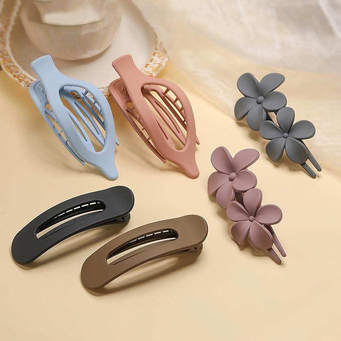 6 PCS Flat Hair Clips, French Lay Flat Claw Clips for Women Girls, 3 Styles Strong Hold Non-slip Matte Hair Claws for Thin Thick Hair(Pink&Blue)
