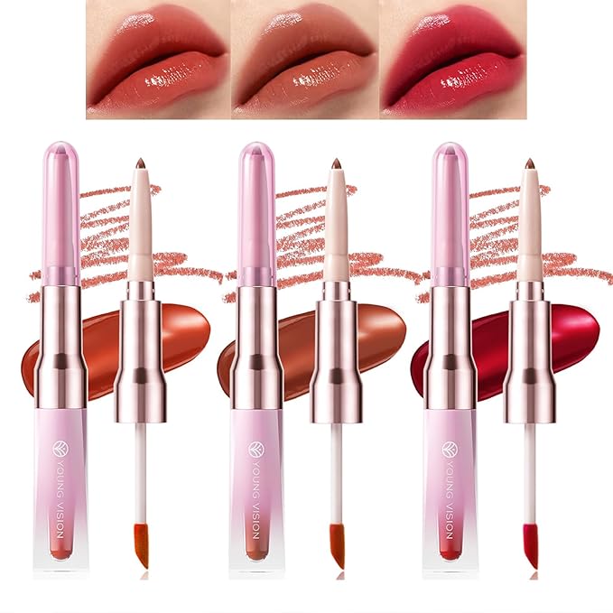 3 PCS Lip Liner and Lip Stain Combo Set, High Pigmented Long Lasting Velvet Lip Tint, Well-Defined Lipliner, Weightless Waterproof Not Animal Tested, Matte Finish Makeup