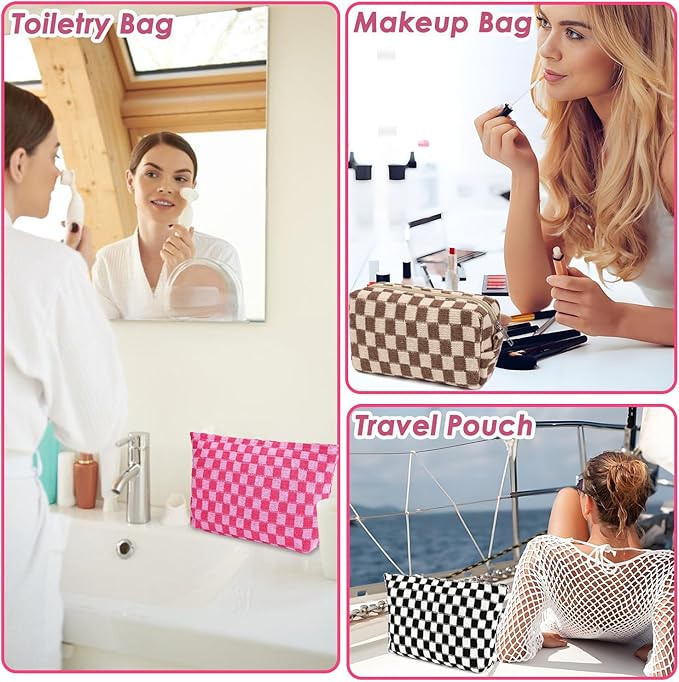 Travel Makeup Bag, Checkered Cosmetic Bag Make Up Organizer Case for Women, Small Toiletry Bag Skincare Pouch for Toiletries Accessories Brushes, 2PCS