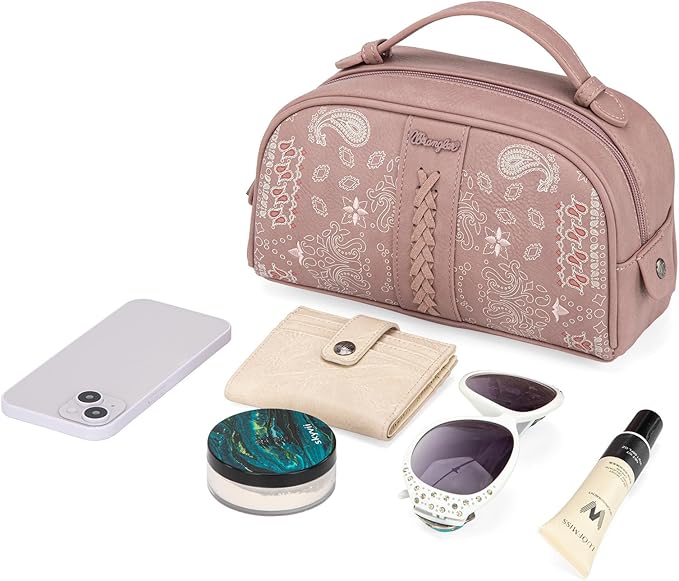 Montana West Wrangler Makeup Bag for Women Small Cosmetic Toiletry Bags Western Paisley Make Up Pouch Durable Cute Travel Purse, Pink