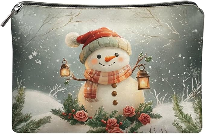 COEQINE Makeup Pouch For Purse Leather Snowman Purses for Women Travel Vintage Floral Cosmetic Bag Portable Travel Storage Toiletry Bag for Womens Holiday Christmas Birthday Gifts