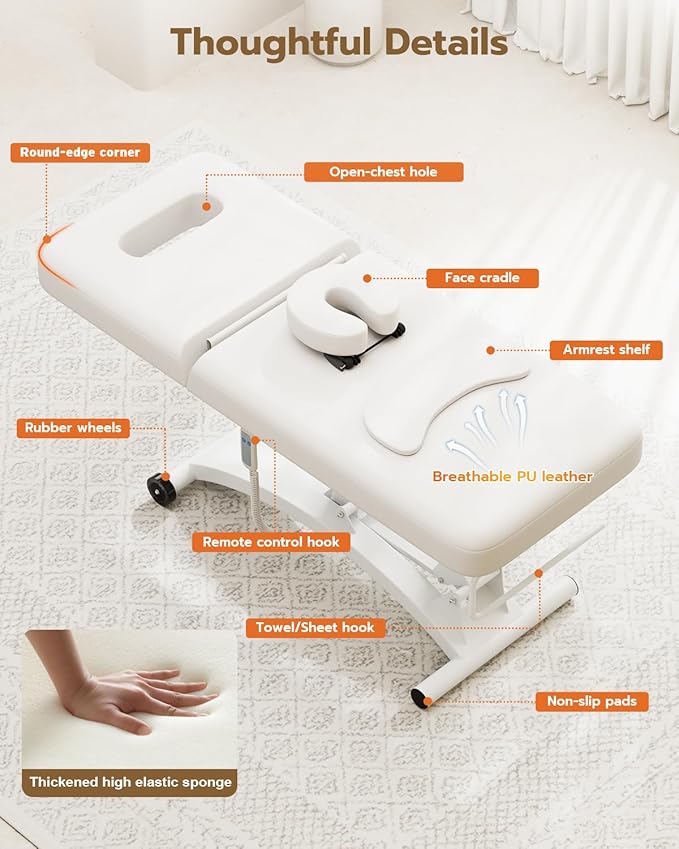 Paddie 550lbs Electric Lift Massage Table Professional for Treatment/Facial/Beauty/Spa/Physical Therapy, Adjustable Backrest/Face Cradle/Rolling Wheels, White