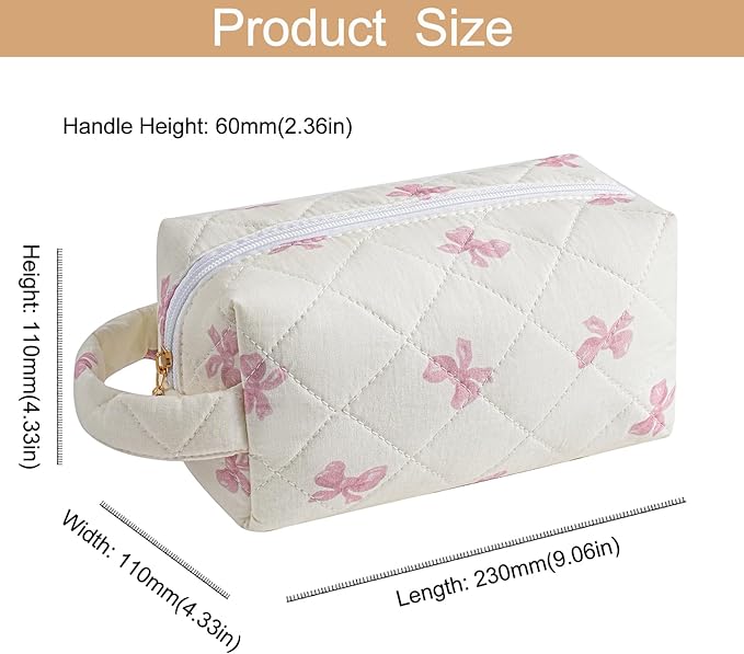Makeup Bag Travel Cosmetic Bag for Women, Zipper Make Up Pouch, Floral Flowers Toiletry Organizer Makeup with Handle, Cosmetic Travel Cloth Bag (Pink Bow Tie)