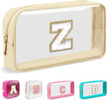 Small Clear Personalized Initial Makeup Bag, Preppy A-Z Chenille Letter Patch Cosmetic Bag, Cute Transparent Nylon Waterproof Zipper Beach Varsity Letter Pouch, Gift for Women Girls(Beige-White Z)