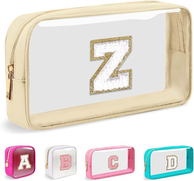 Small Clear Personalized Initial Makeup Bag, Preppy A-Z Chenille Letter Patch Cosmetic Bag, Cute Transparent Nylon Waterproof Zipper Beach Varsity Letter Pouch, Gift for Women Girls(Beige-White Z)