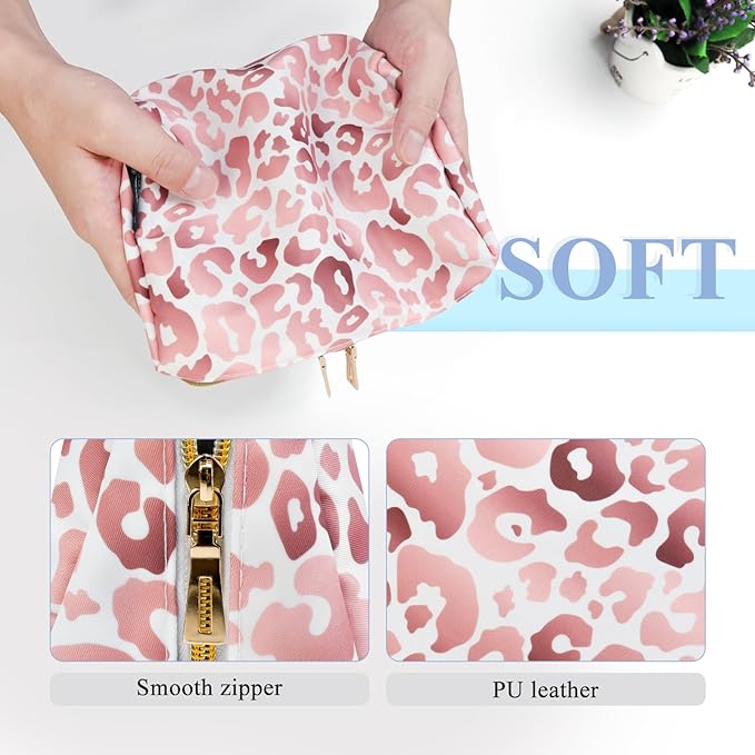 Aosbos Small Travel Makeup Pouch - Pink Leopard Print Cosmetic Case for Women
