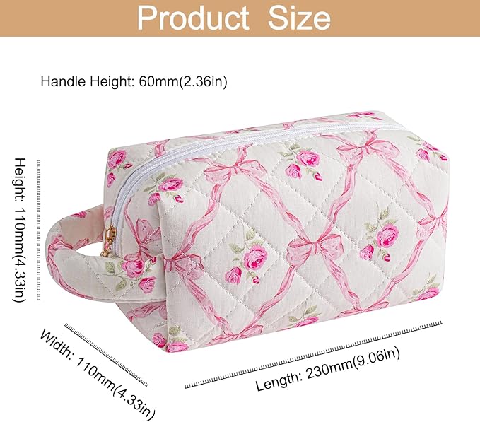 Makeup Bag Travel Cosmetic Bag for Women, Zipper Make Up Pouch, Floral Flowers Toiletry Organizer Makeup with Handle, Cosmetic Travel Cloth Bag (Pink Bowknot)