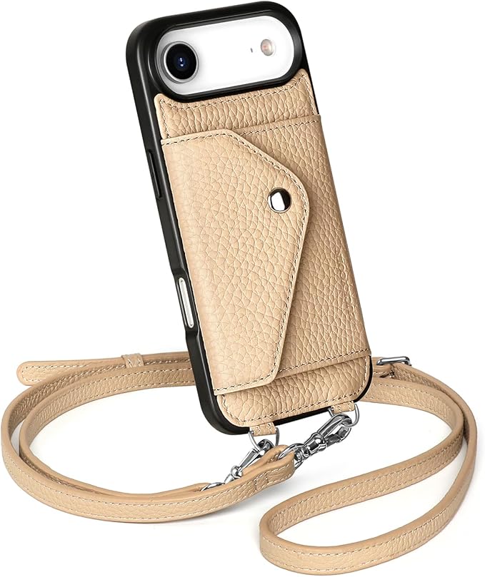LUCKYCOIN Crossbody Wallet Phone Case for iPhone Air,100% Genuine Leather Wallet Phone Case with Expandable Flip Card Holder,Phone Purse for Women with Adjustable Removable Strap - Pebble Beige